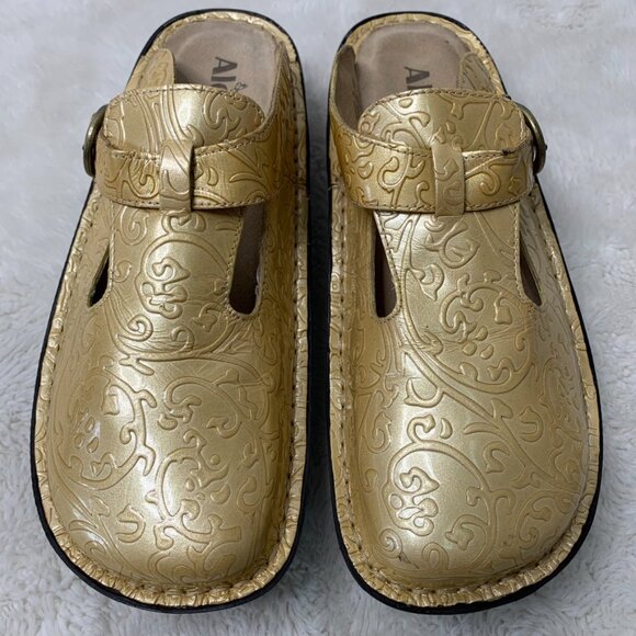 Alegria ALG-513 Women's Classic Beige Gold Leather Mules Slip On Clogs Size 39 - Picture 2 of 13